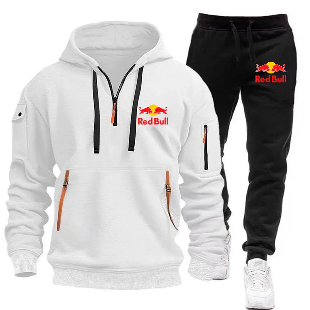 2025 New Red Bull European Size Autumn/Winter Men's Hoodie Set Kangaroo Pocket Hoodie Sports Pants Two Piece Set WHITE CHINA