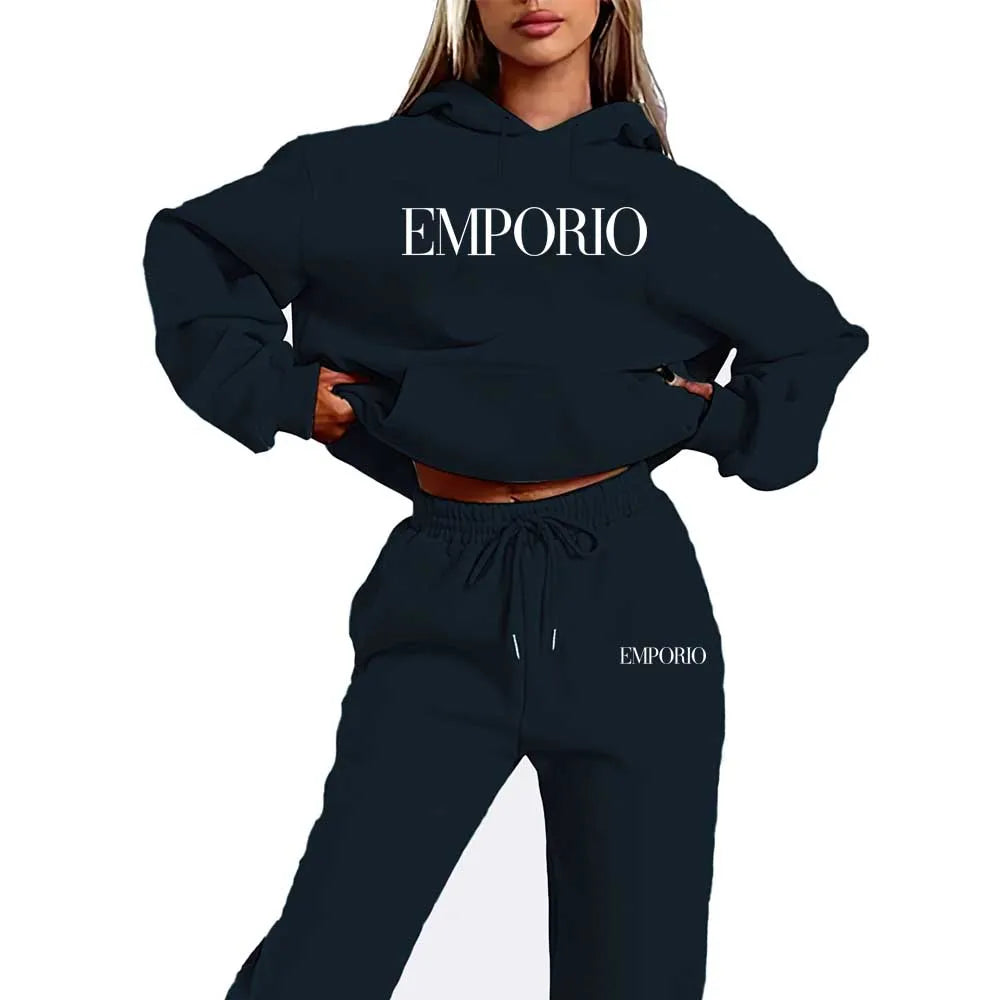 Women's Fleece-Like Hooded Sweatshirt & Joggers Set Print, Black Polyester Lounge Set, All-Season Comfort, Machine Washable Navy
