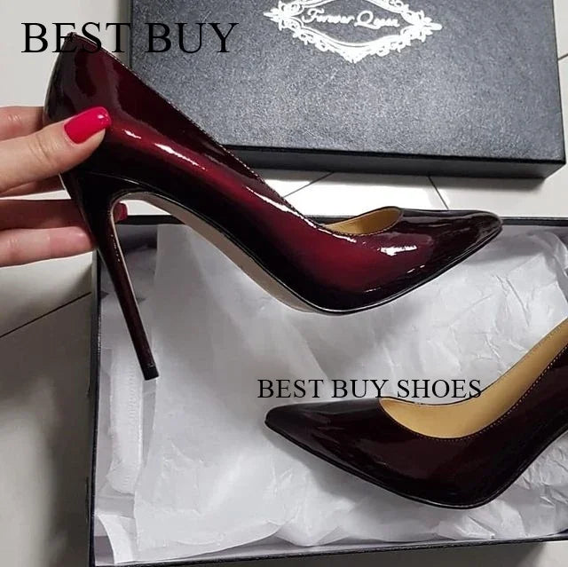 Sexy Style Burgundy Patent Leather Shallow Pumps Stilettos High Heel Women Shoes Slip-On Pointed Toe 2024 Zapatos Para Mujere high heel 12cm 3