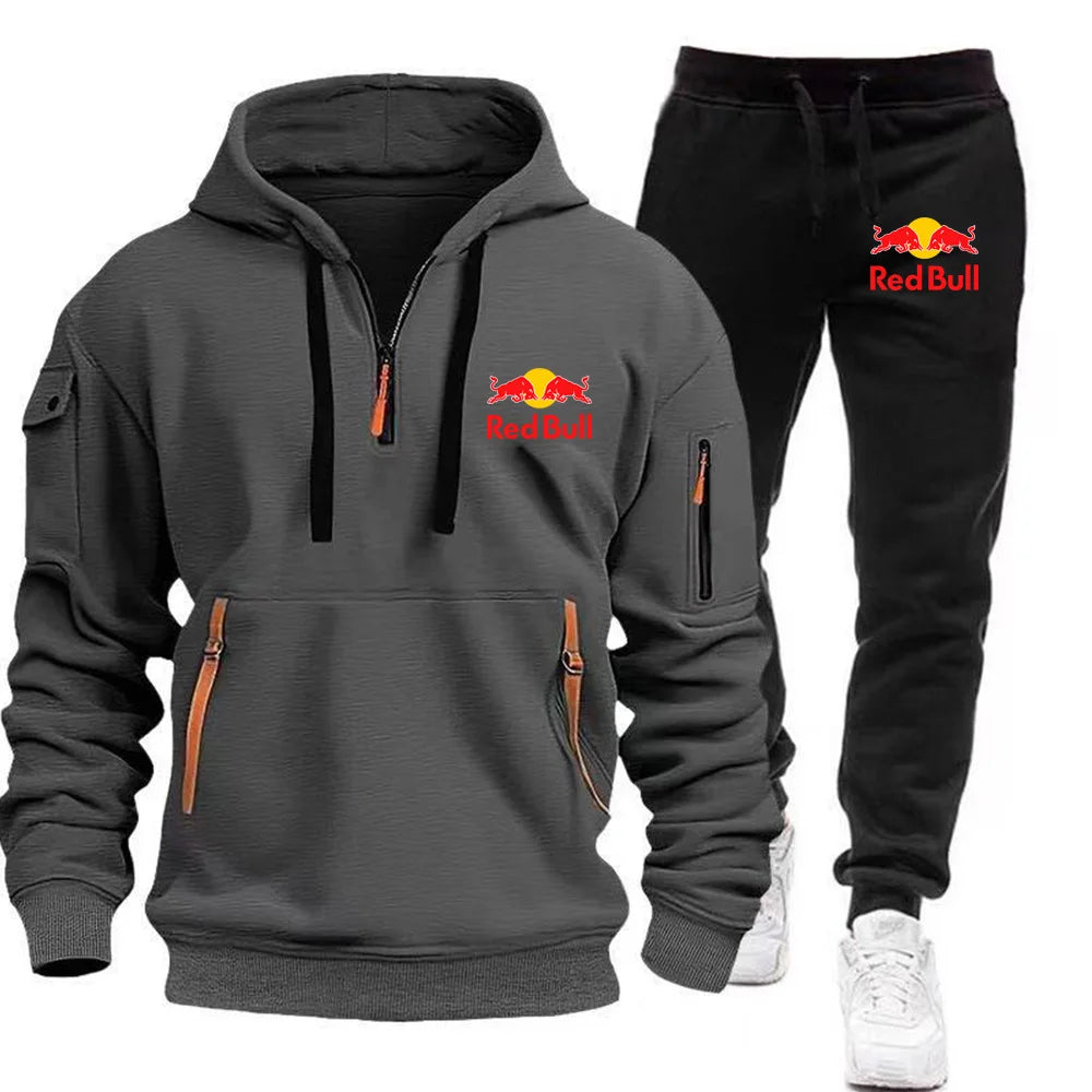 2025 New Red Bull European Size Autumn/Winter Men's Hoodie Set Kangaroo Pocket Hoodie Sports Pants Two Piece Set Dark Grey CHINA