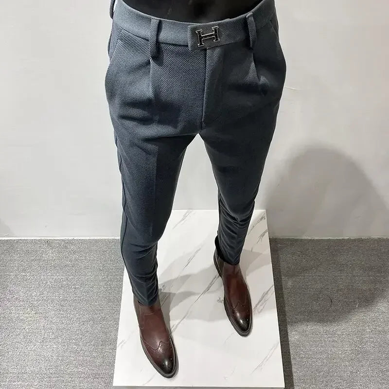 Autumn Winter Thickened Woolen Suit Pant High Quality Men Business Slim Striped Trousers Formal Wear Office Social Dress Pants 919Grayishblue Thick CHINA