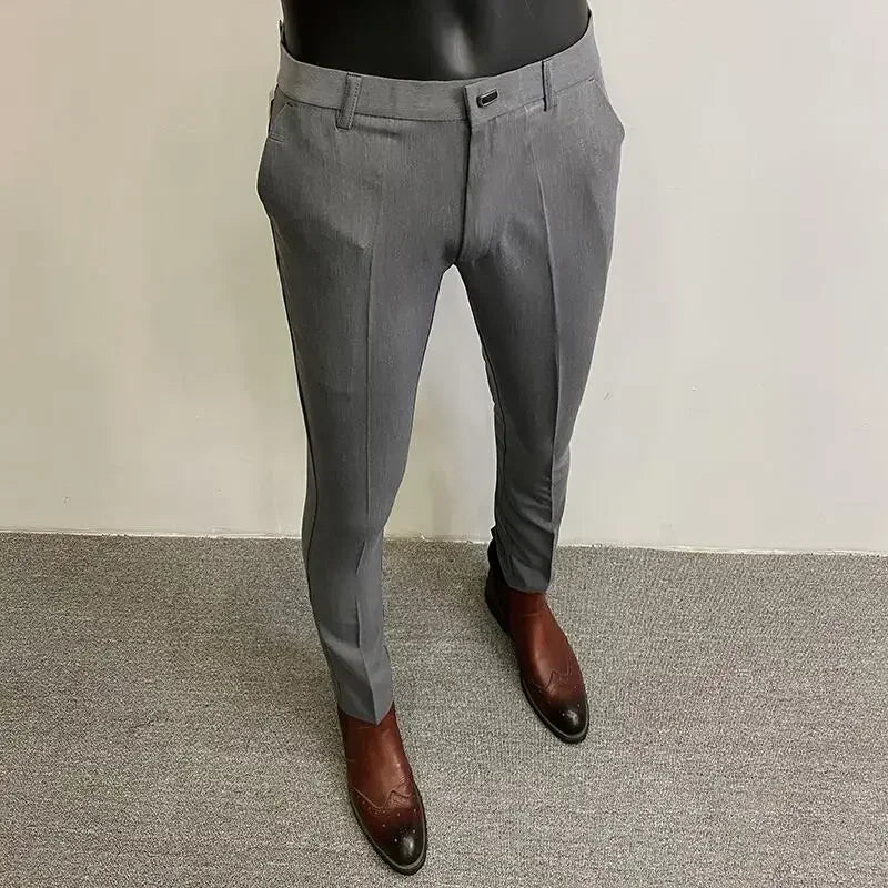 Autumn Winter Thickened Woolen Suit Pant High Quality Men Business Slim Striped Trousers Formal Wear Office Social Dress Pants 001 Grey Thin CHINA