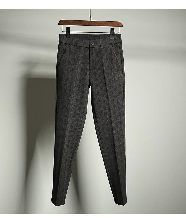 Autumn Winter Thickened Woolen Suit Pant High Quality Men Business Slim Striped Trousers Formal Wear Office Social Dress Pants