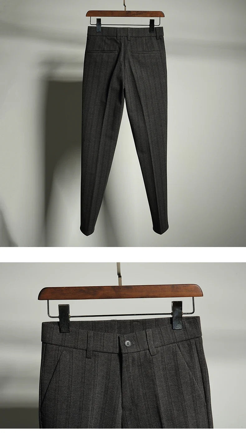 Autumn Winter Thickened Woolen Suit Pant High Quality Men Business Slim Striped Trousers Formal Wear Office Social Dress Pants