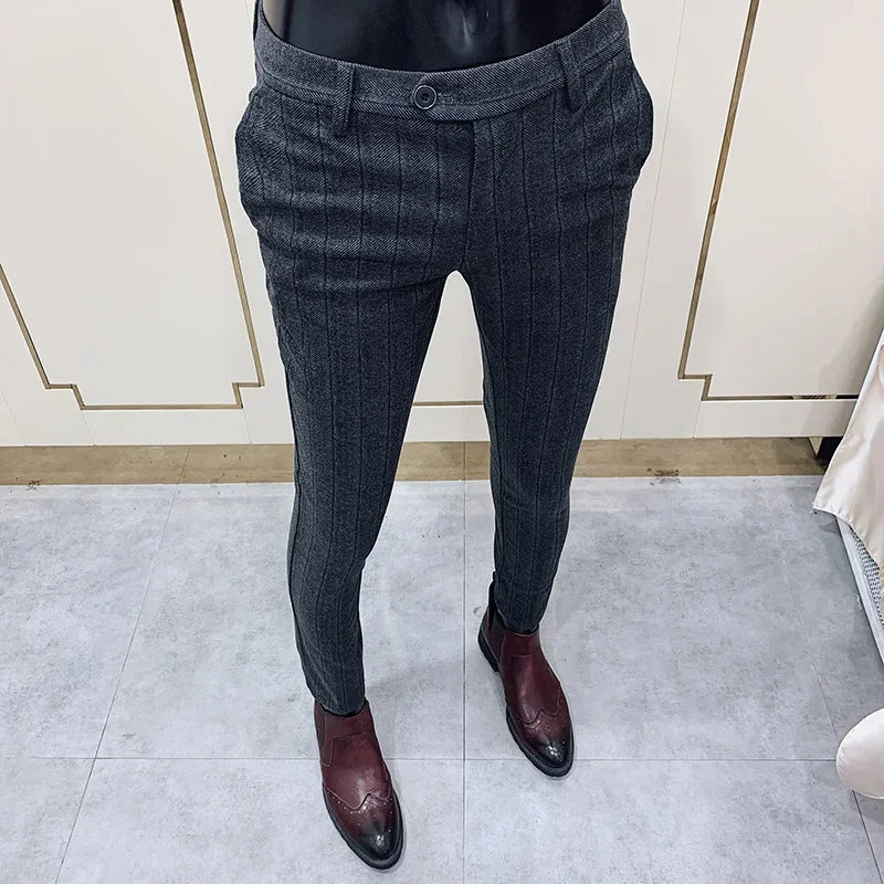 Autumn Winter Thickened Woolen Suit Pant High Quality Men Business Slim Striped Trousers Formal Wear Office Social Dress Pants 904 Dark grey Thick CHINA