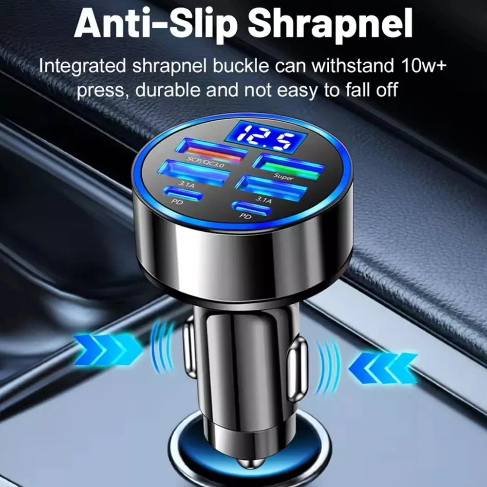 6 in 1 USB C Car Phone Charger Adapter with Voltage Display Dual PD Super Fast for iPhone 15 Pro max OPPO Samsung Huawei