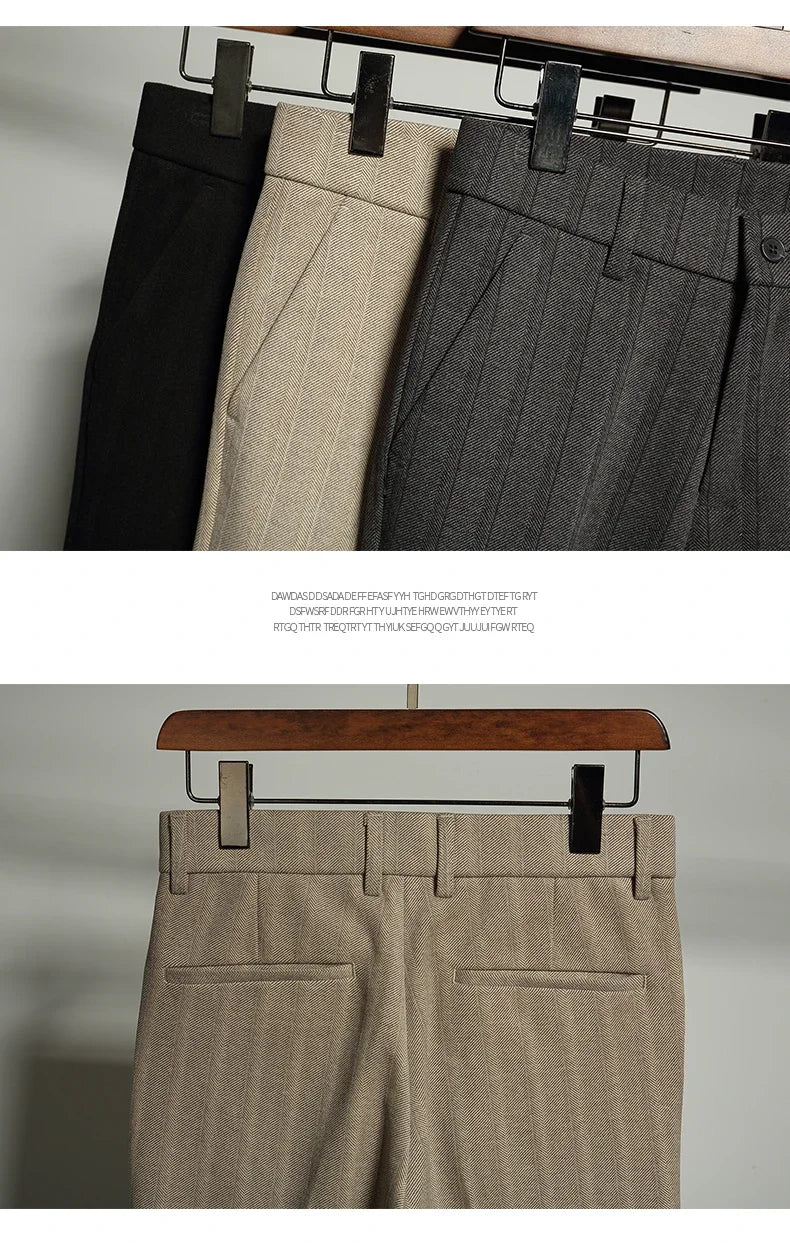 Autumn Winter Thickened Woolen Suit Pant High Quality Men Business Slim Striped Trousers Formal Wear Office Social Dress Pants