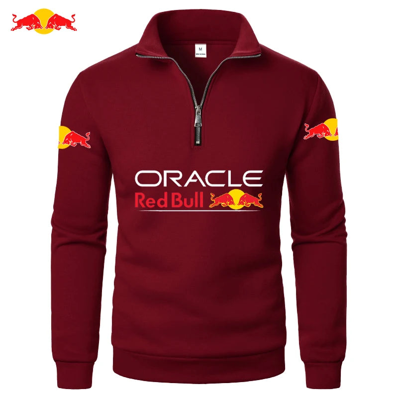 Red Bull Logo Men's High-Neck Half-Zip Long-Sleeved Sport Shirt Autumn-Winter Fashion Thickened Casual Top Solid Color Burgundy CHINA