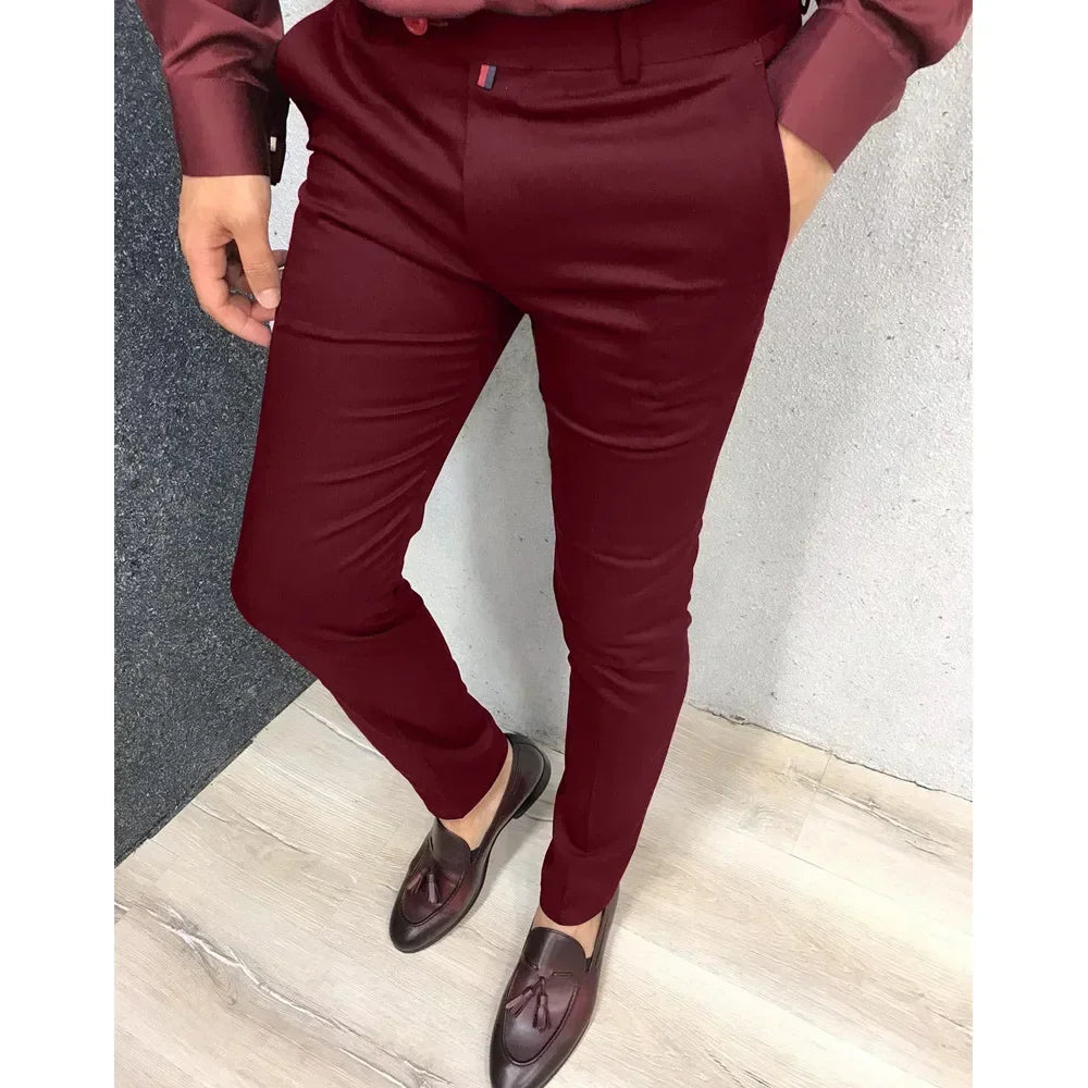 2025 Men's Fashion Casual Trousers Daily Business Formal Pants High Waist Slim Solid Versatile Small Feet Pants Male Four Season Wine Red