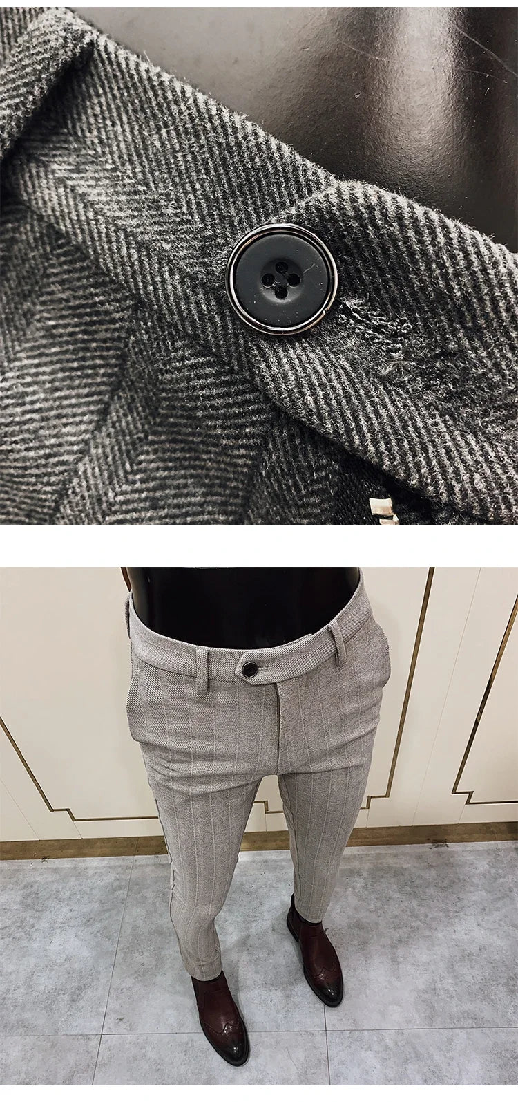 Autumn Winter Thickened Woolen Suit Pant High Quality Men Business Slim Striped Trousers Formal Wear Office Social Dress Pants