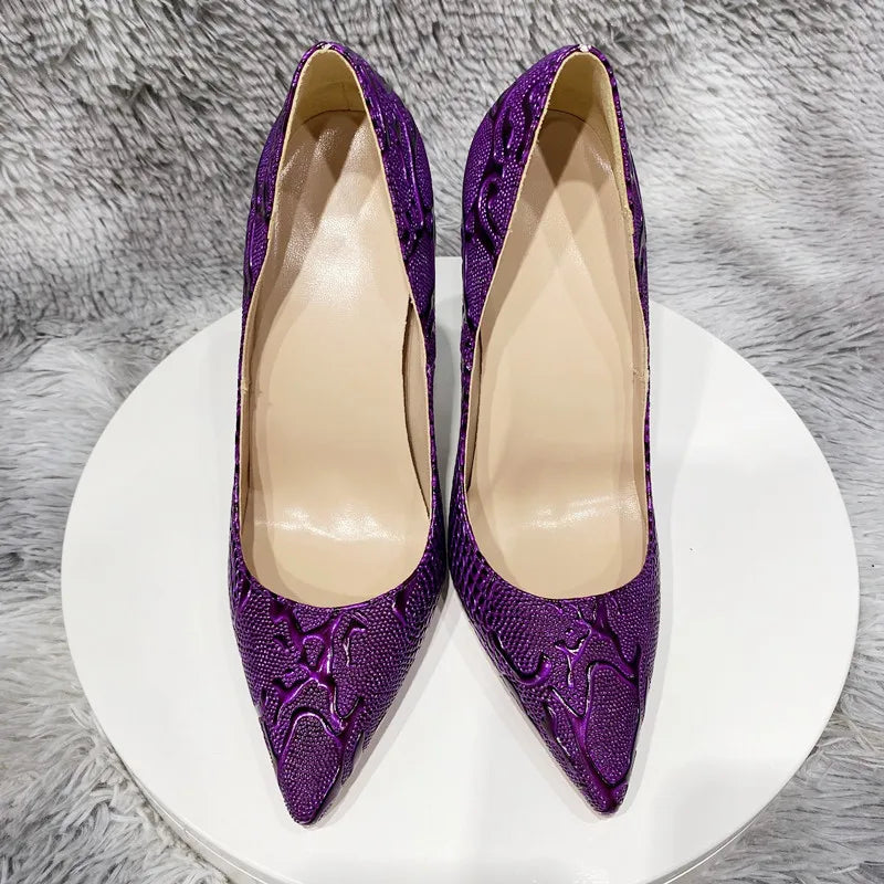 Tikicup Black Embossed Crocodile Women Sexy Pointy Toe High Heel Shoes Slip On Dress Stiletto Pumps Customized Plus Size 33-46 8cm Purple