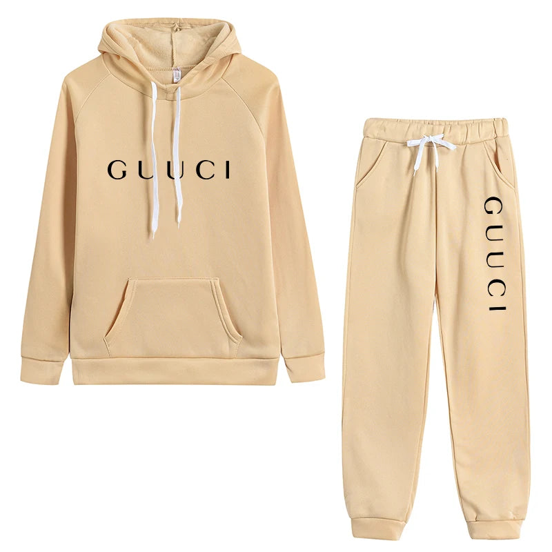 Dames Joggingset Herfst - Hoodie met Print & Sweatpants - Casual Loungewear Khaki