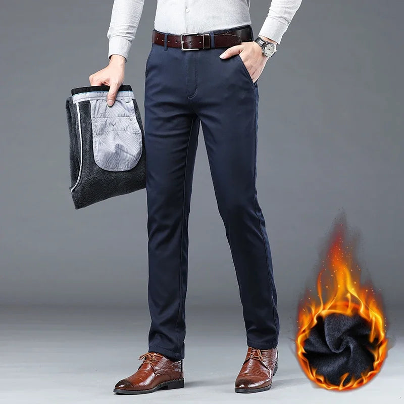 2023 Men's Autumn Winter Fleece Fluff Thicken Warm Casual Pants Men Business Straight Elastic Thick Cotton Trousers Male Blue Fleece