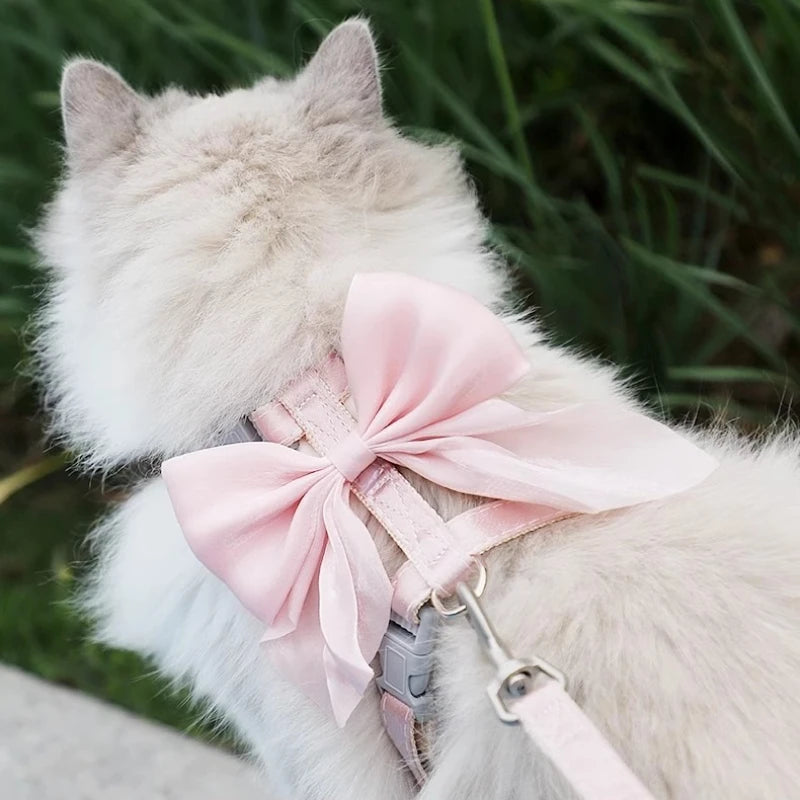 Cute Bowknot Cat Harness and Leash Adjustable Pet Harness with Traction Rope for Cat Kitten Puppy Rabbit Ferret