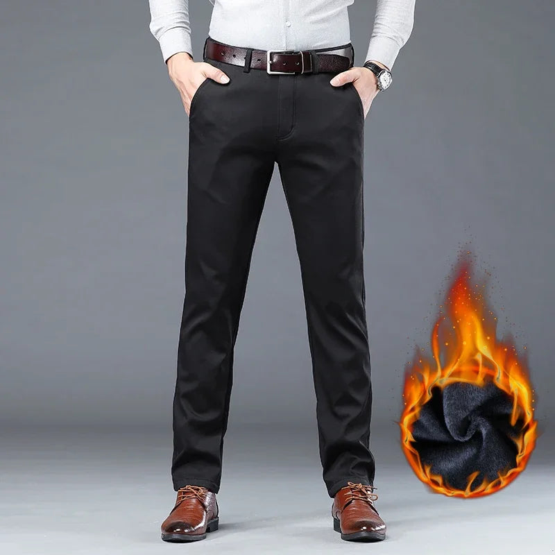 2023 Men's Autumn Winter Fleece Fluff Thicken Warm Casual Pants Men Business Straight Elastic Thick Cotton Trousers Male Black Fleece