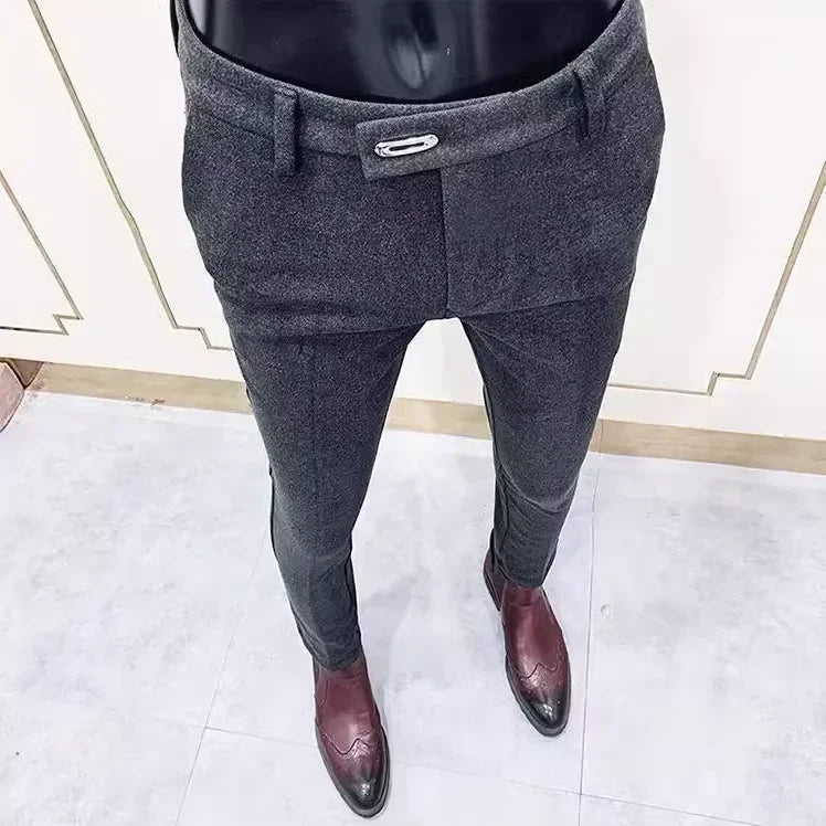 Autumn Winter Thickened Woolen Suit Pant High Quality Men Business Slim Striped Trousers Formal Wear Office Social Dress Pants 903 Grey Thick CHINA
