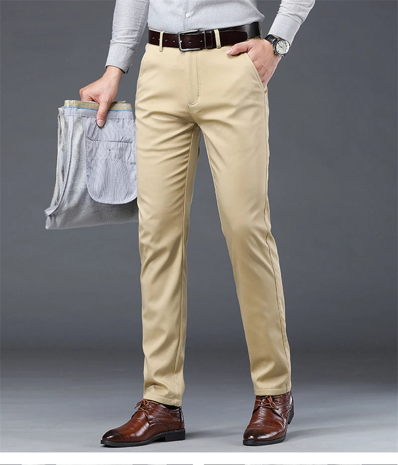 2023 Men's Autumn Winter Fleece Fluff Thicken Warm Casual Pants Men Business Straight Elastic Thick Cotton Trousers Male