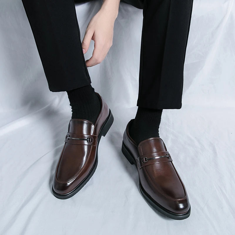 Men's Formal Leather Shoes Classic Style Slip On Loafers Round Toe Breathable Non-Slip Business Dress Wedding Office Casual Shos