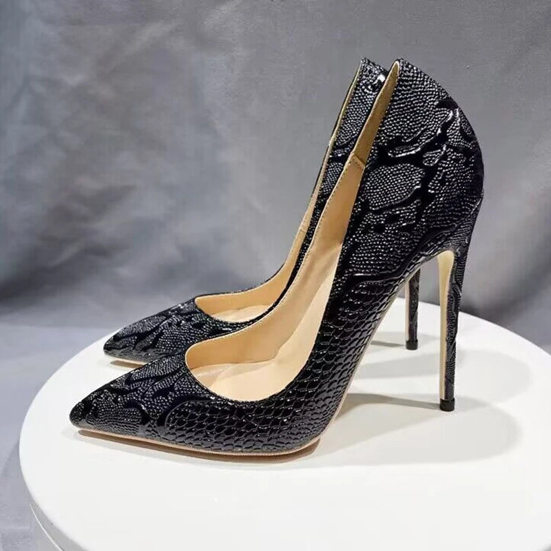 Tikicup Black Embossed Crocodile Women Sexy Pointy Toe High Heel Shoes Slip On Dress Stiletto Pumps Customized Plus Size 33-46 10cmBlack