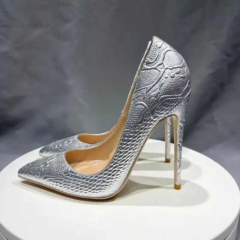 Tikicup Black Embossed Crocodile Women Sexy Pointy Toe High Heel Shoes Slip On Dress Stiletto Pumps Customized Plus Size 33-46 10cm Silver
