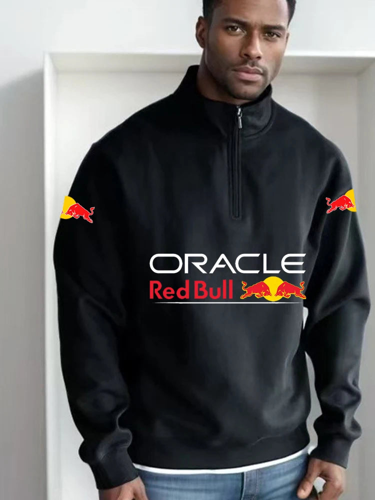 Red Bull Logo Men's High-Neck Half-Zip Long-Sleeved Sport Shirt Autumn-Winter Fashion Thickened Casual Top Solid Color