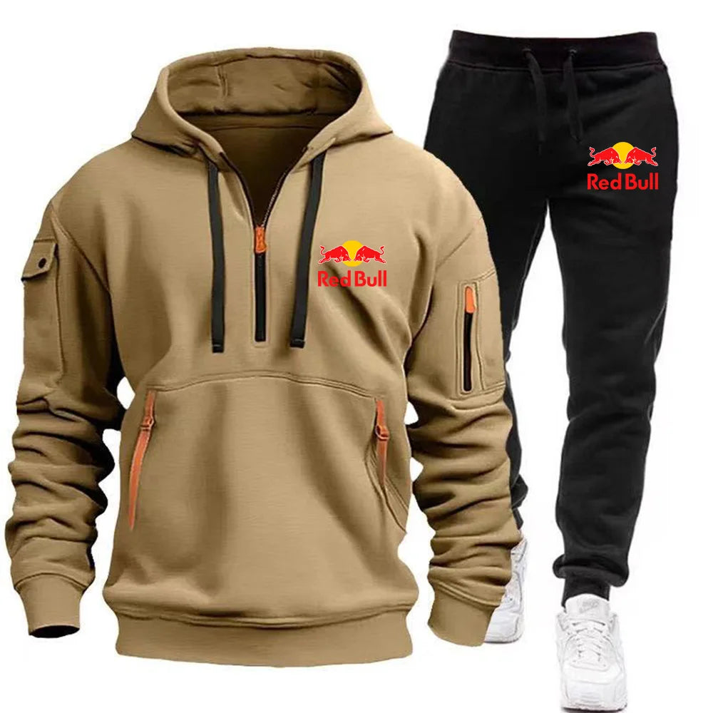 2025 New Red Bull European Size Autumn/Winter Men's Hoodie Set Kangaroo Pocket Hoodie Sports Pants Two Piece Set Khaki CHINA