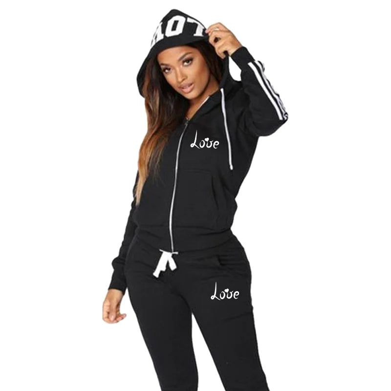 Fashion Women LOVE Letter Print Track Suits Sports Wear Jogging Suits Hoodies+Sweatpants Sweat Suits black