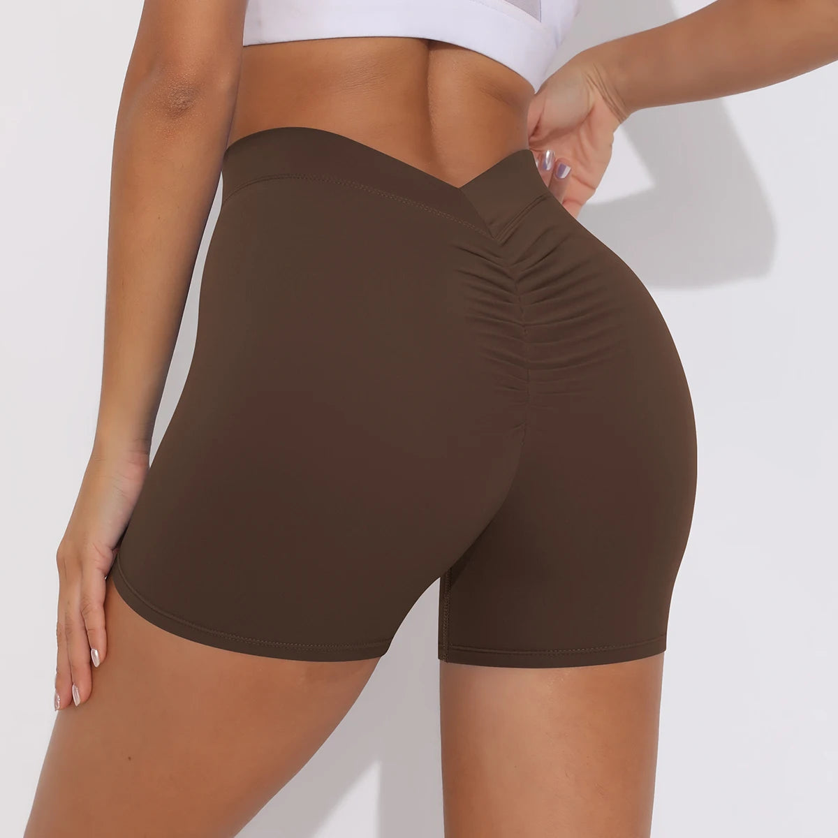 Women's Sexy Stretch Yoga Shorts With Hip Lifting And Abdominal Tightening Tight Fitness Wearing Running Pants Externally Coffee