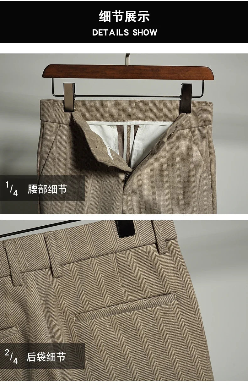 Autumn Winter Thickened Woolen Suit Pant High Quality Men Business Slim Striped Trousers Formal Wear Office Social Dress Pants