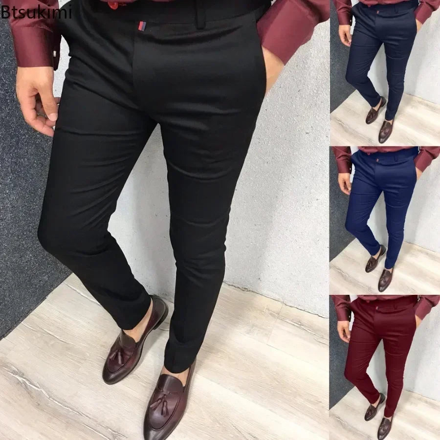 2025 Men's Fashion Casual Trousers Daily Business Formal Pants High Waist Slim Solid Versatile Small Feet Pants Male Four Season