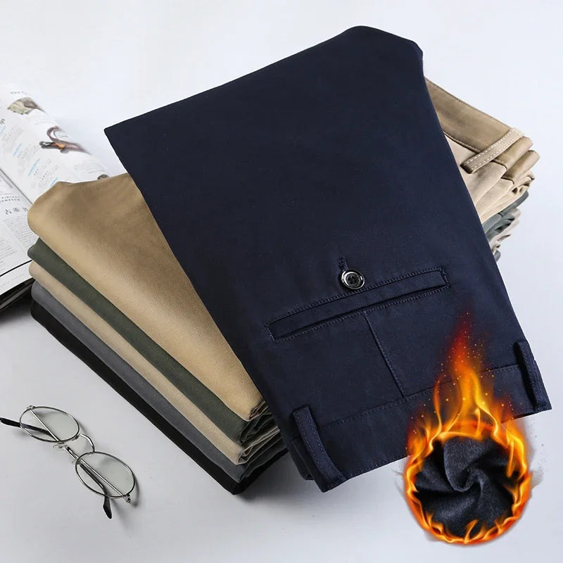 2023 Men's Autumn Winter Fleece Fluff Thicken Warm Casual Pants Men Business Straight Elastic Thick Cotton Trousers Male
