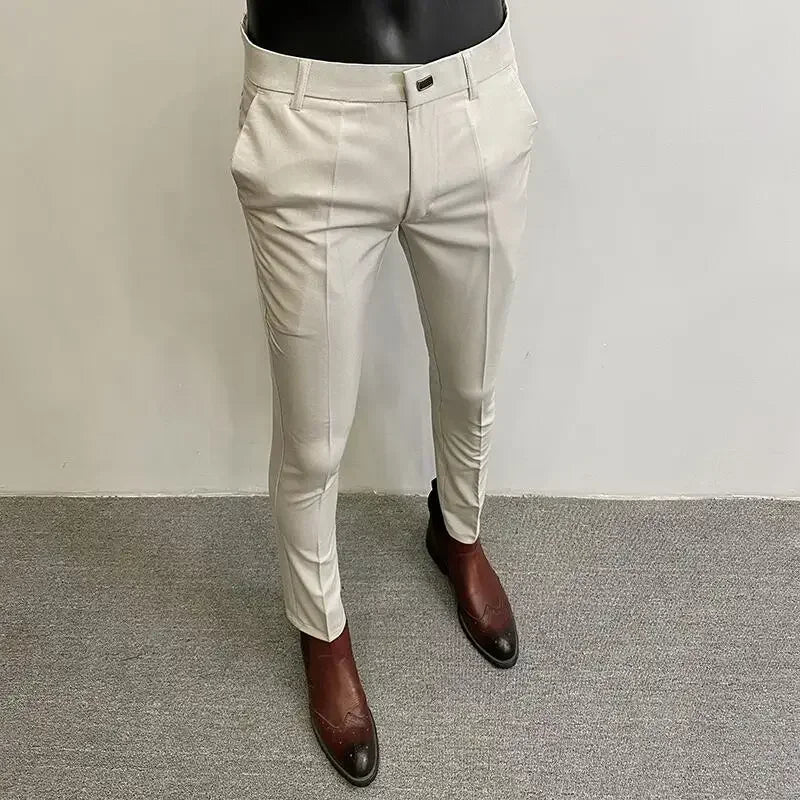 Autumn Winter Thickened Woolen Suit Pant High Quality Men Business Slim Striped Trousers Formal Wear Office Social Dress Pants 001 Off white Thin CHINA