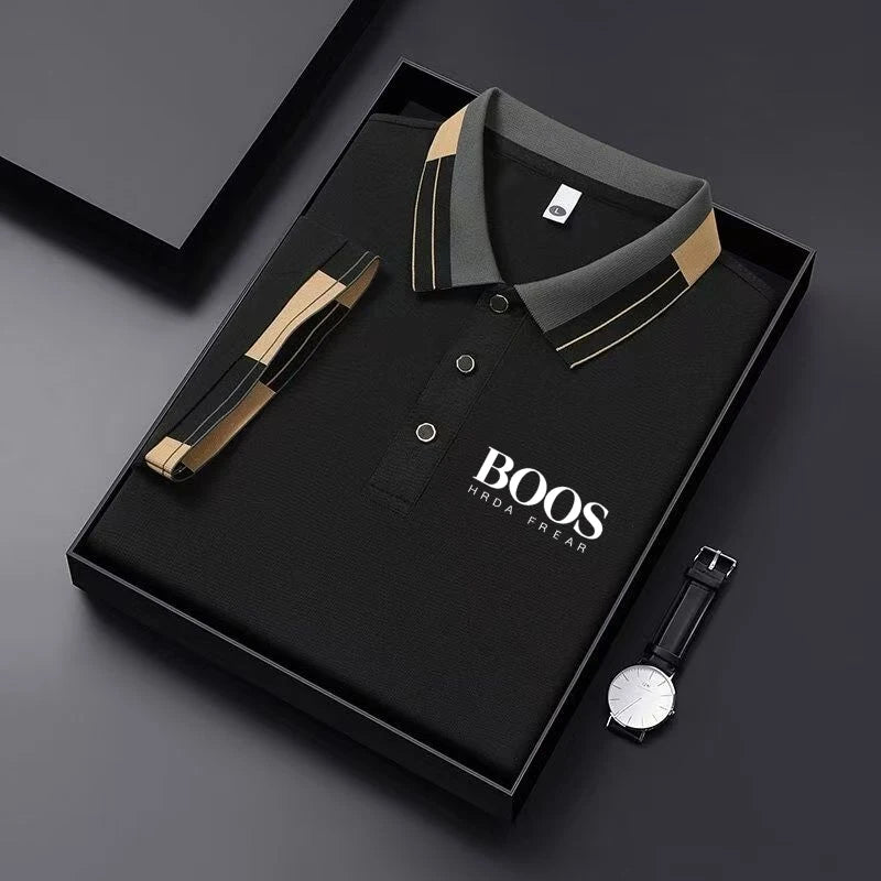 Men'S New Embroidered Short Sleeved Striped Grid Polo Shirt, Business Casual Fashionable Breathable Clothing, Youthful Fashion, black