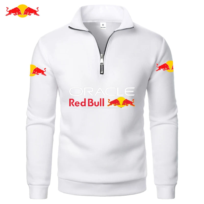 Red Bull Logo Men's High-Neck Half-Zip Long-Sleeved Sport Shirt Autumn-Winter Fashion Thickened Casual Top Solid Color WHITE CHINA