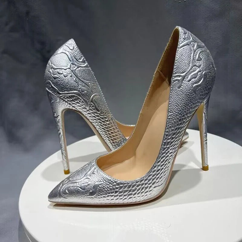 Tikicup Black Embossed Crocodile Women Sexy Pointy Toe High Heel Shoes Slip On Dress Stiletto Pumps Customized Plus Size 33-46 12cm Silver