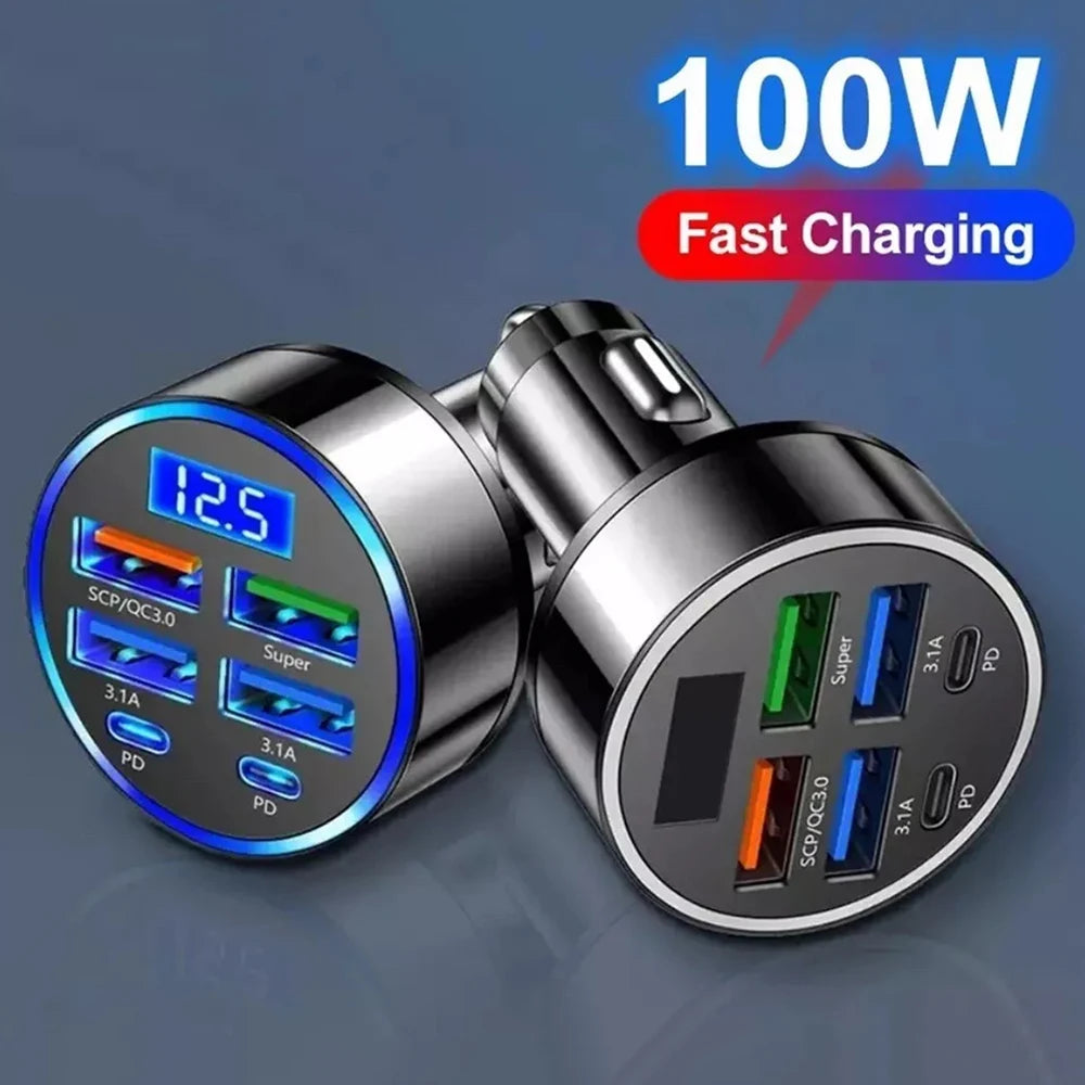 6 in 1 USB C Car Phone Charger Adapter with Voltage Display Dual PD Super Fast for iPhone 15 Pro max OPPO Samsung Huawei