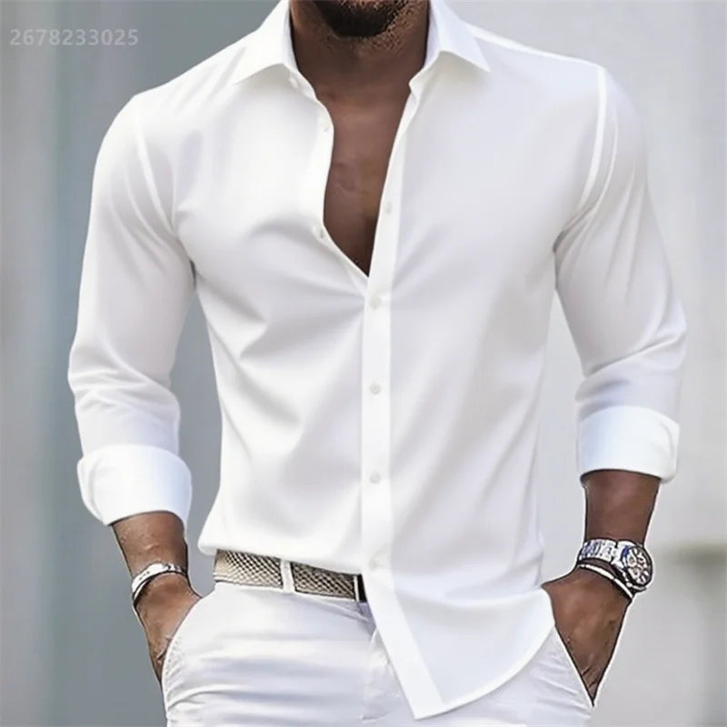 Solid color men's casual white shirt, fashionable casual long sleeve stretch fabric, business formal shirt, comfortable fabric WSX0385