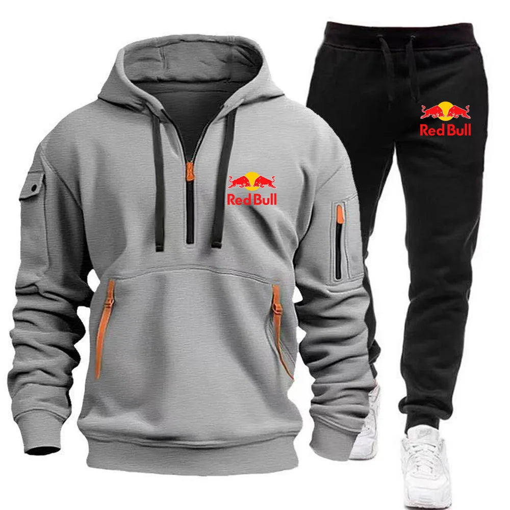 2025 New Red Bull European Size Autumn/Winter Men's Hoodie Set Kangaroo Pocket Hoodie Sports Pants Two Piece Set GRAY CHINA