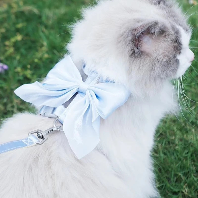 Cute Bowknot Cat Harness and Leash Adjustable Pet Harness with Traction Rope for Cat Kitten Puppy Rabbit Ferret