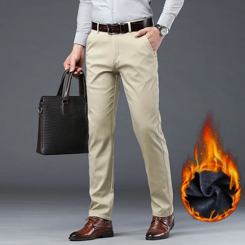 2023 Men's Autumn Winter Fleece Fluff Thicken Warm Casual Pants Men Business Straight Elastic Thick Cotton Trousers Male Light Khaki Fleece