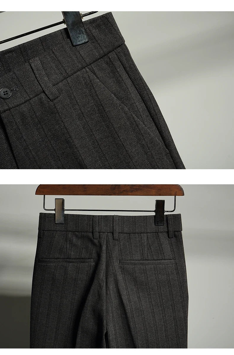 Autumn Winter Thickened Woolen Suit Pant High Quality Men Business Slim Striped Trousers Formal Wear Office Social Dress Pants