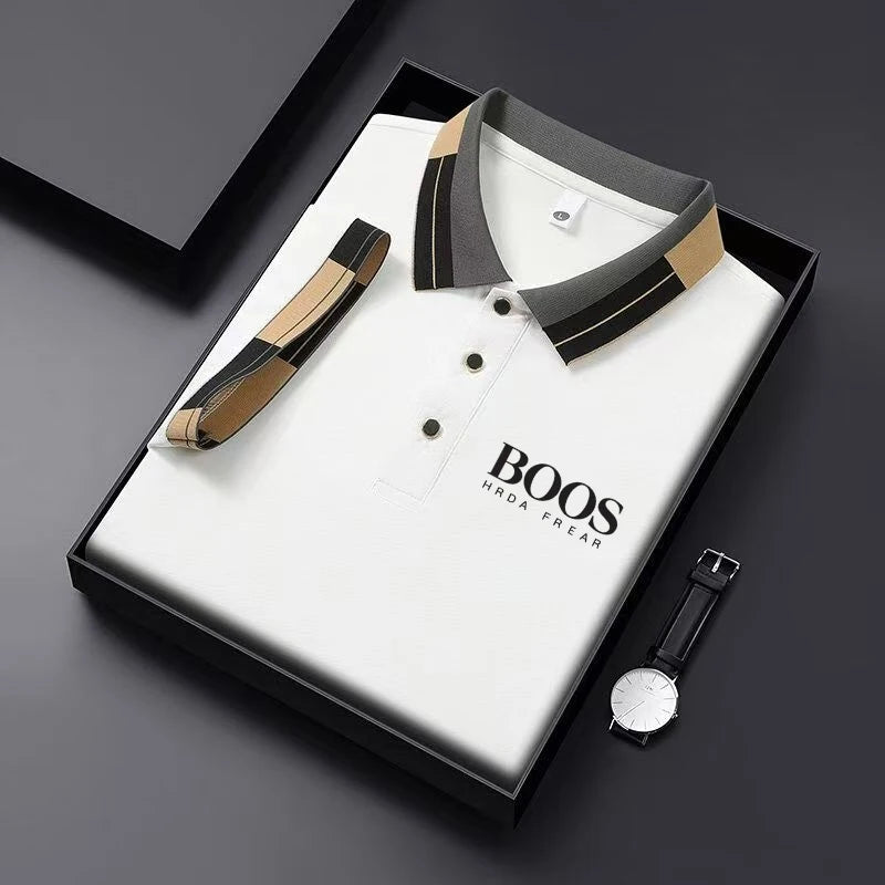 Men'S New Embroidered Short Sleeved Striped Grid Polo Shirt, Business Casual Fashionable Breathable Clothing, Youthful Fashion, BAI