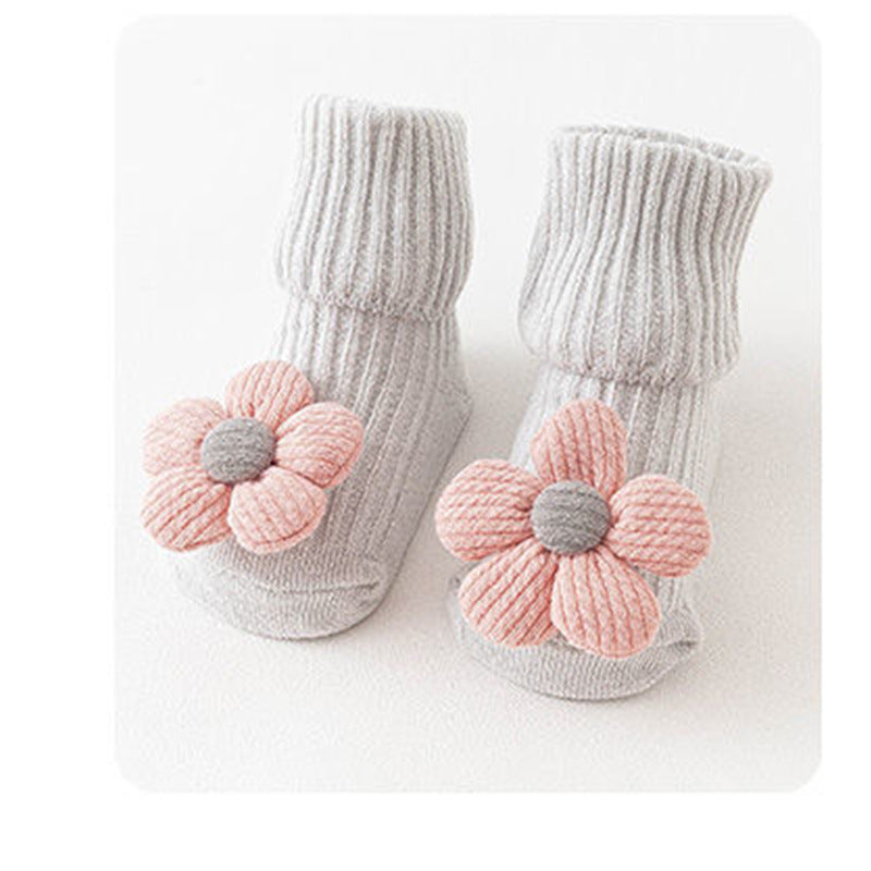 Baby Antislip Sokken - Schattige Strikjes Design - Vloersokken Grey flowers